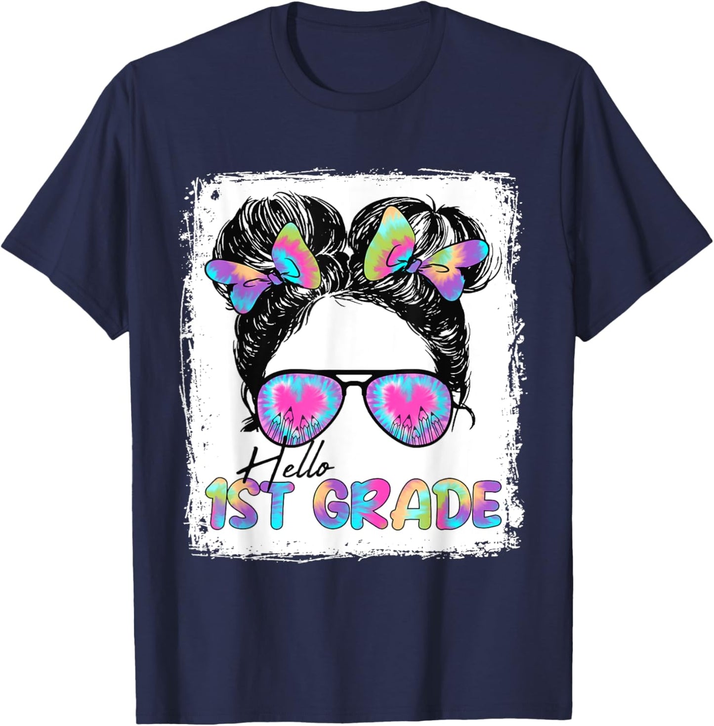 Hello 1st Grade Messy Hair Bun Girl Back To School First Day T-Shirt - T-Shirt | Navy
