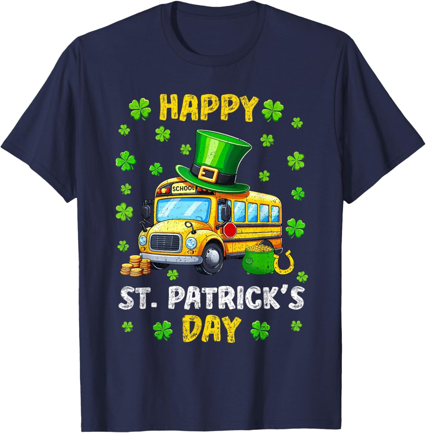Vintage Happy St. Patrick's Day School Bus Shamrocks Driver T-Shirt - T-Shirt | Navy