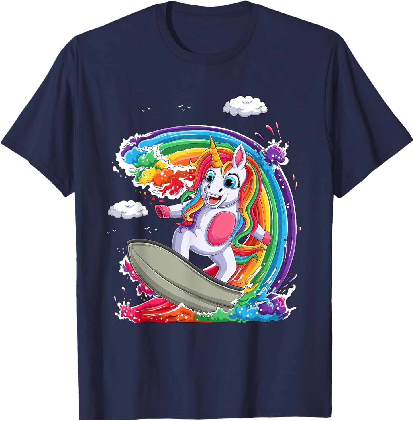Cute Unicorn Girls Women Unicorn Surfing on Rainbow Wave T-Shirt - T-Shirt | Navy