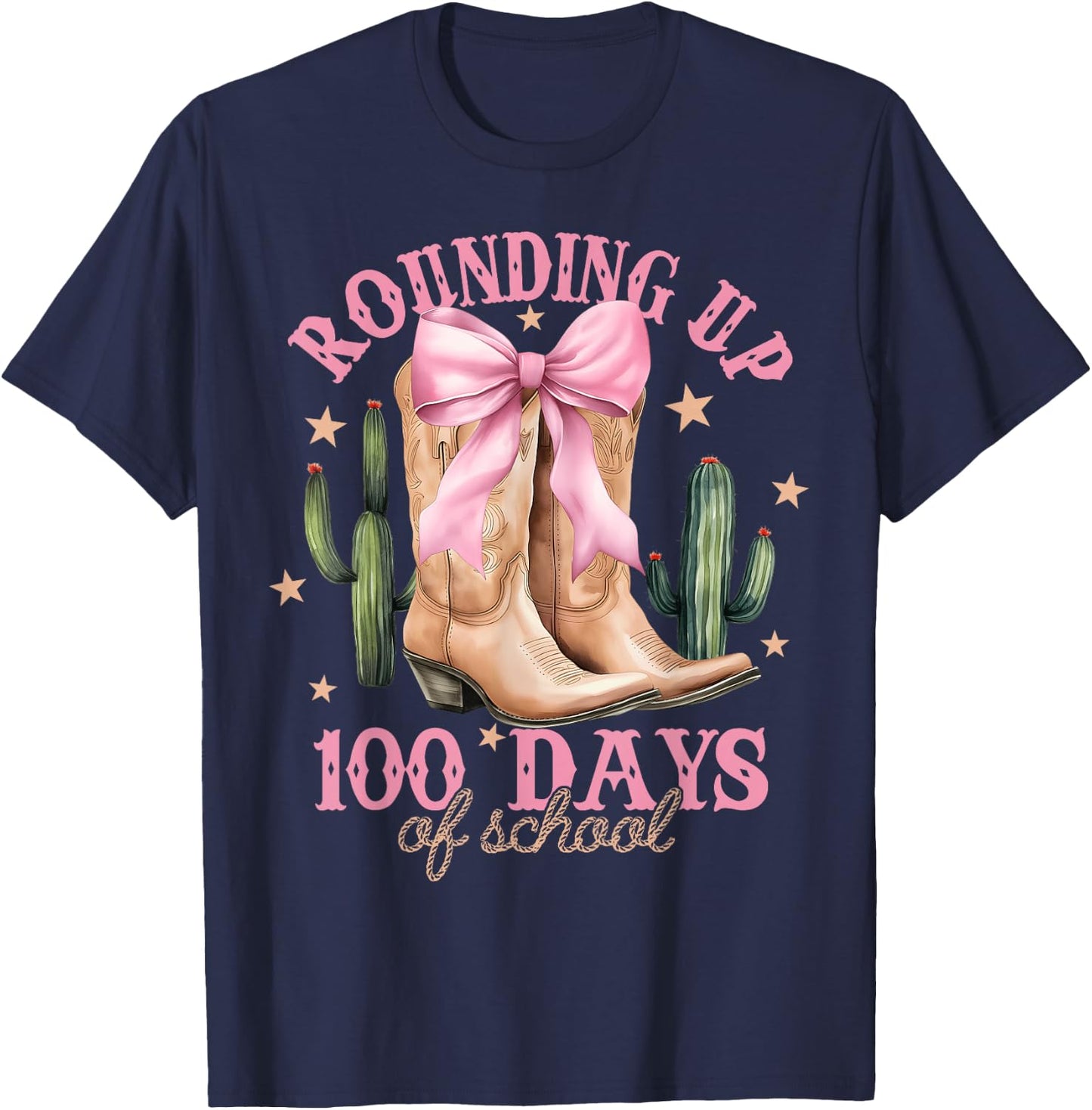 Rounding Up 100 Days Of School Pink Coquette Bow Teacher T-Shirt - T-Shirt | Navy