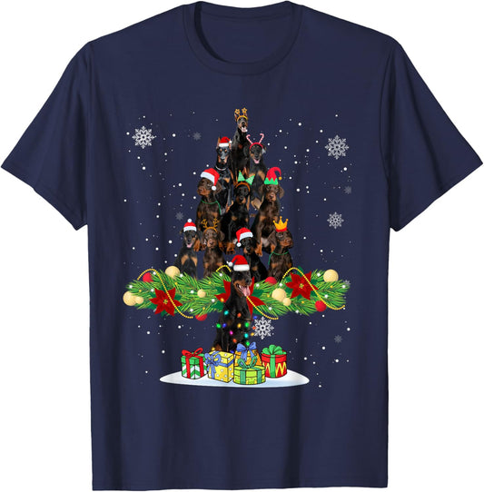 Ugly Sweater Christmas Tree Doberman Dog Xmas Lights T-Shirt - T-Shirt | Navy