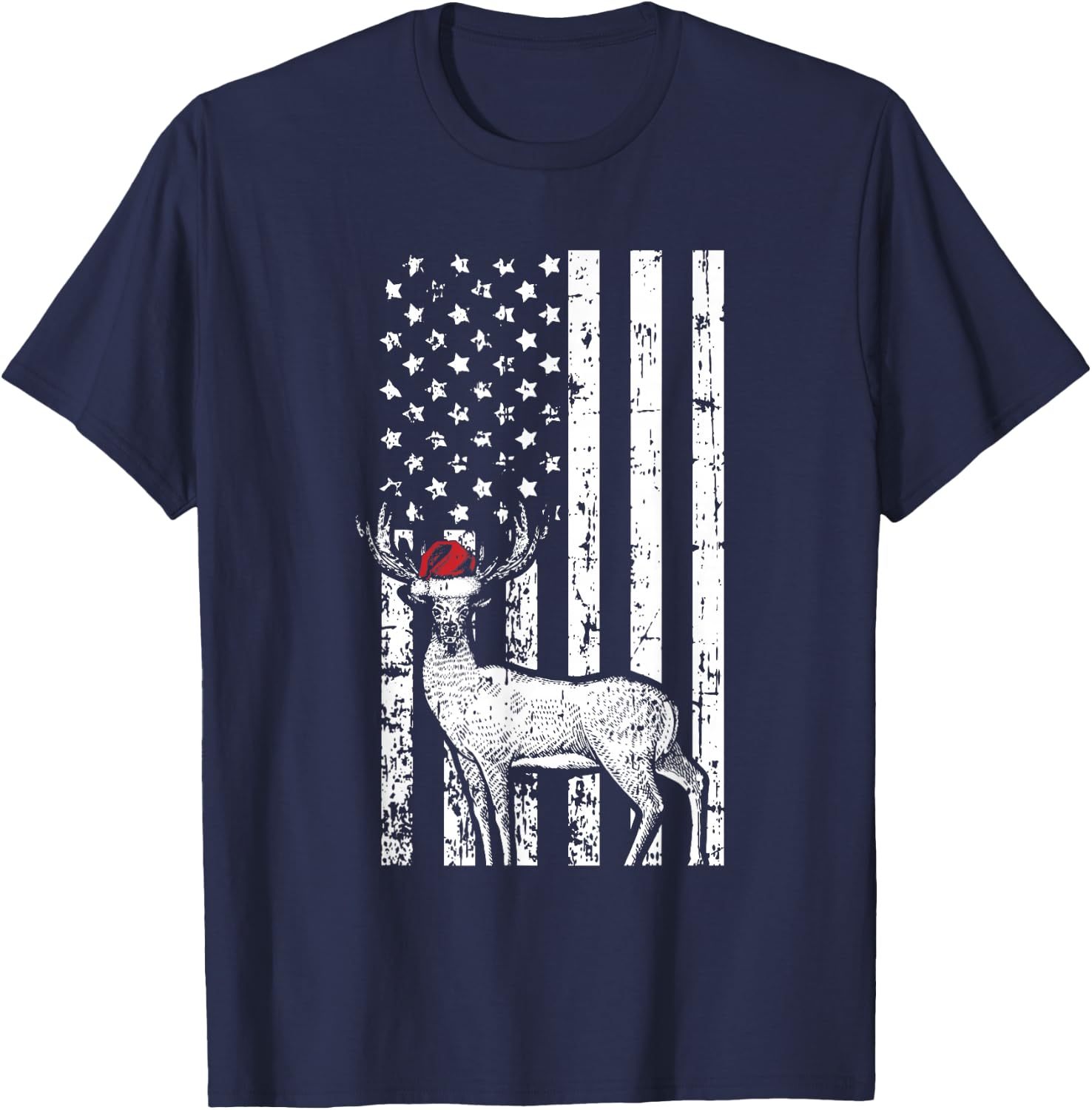 Deer Hunting Elk Santa Hat American Flag Christmas Gifts Kids Men T-Shirt - T-Shirt | Navy
