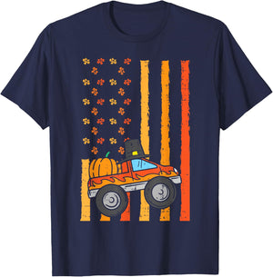 Thanksgiving Monster Truck US Flag Fall Toddler Boys Kids T-Shirt - T-Shirt | Navy