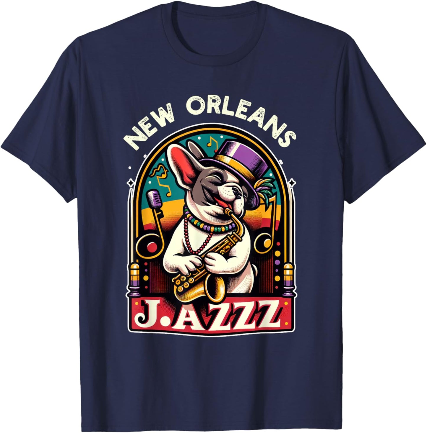 French Bulldog Owners with Mardi Gras Dog Jazz Music Lovers Women Kids T-Shirt - T-Shirt | Navy