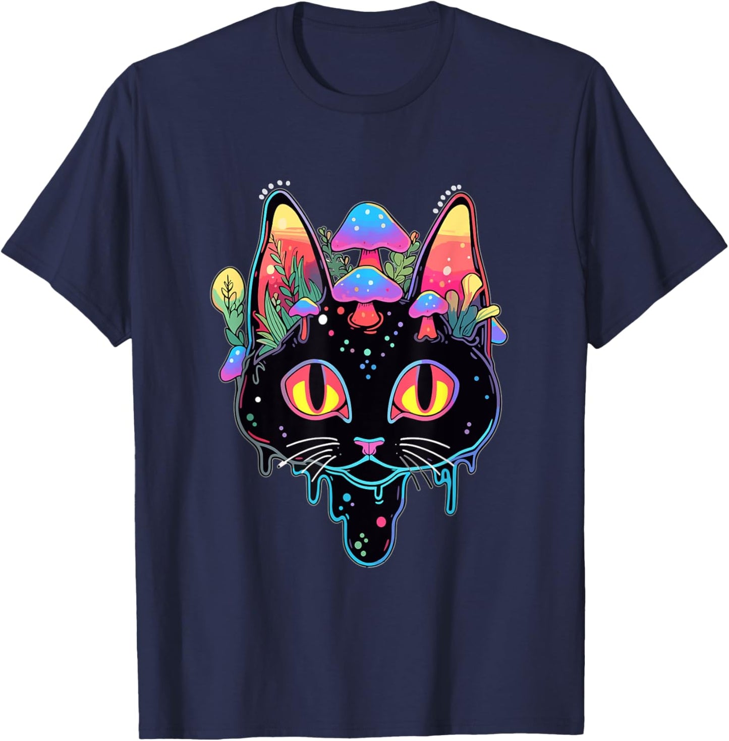 Psychedelic Festival Trippy Cat Mushroom Art Rave Men Women T-Shirt - T-Shirt | Navy