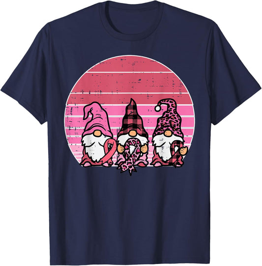 Pink Gnomes Support Retro Breast Cancer Awareness Women T-Shirt - T-Shirt | Navy