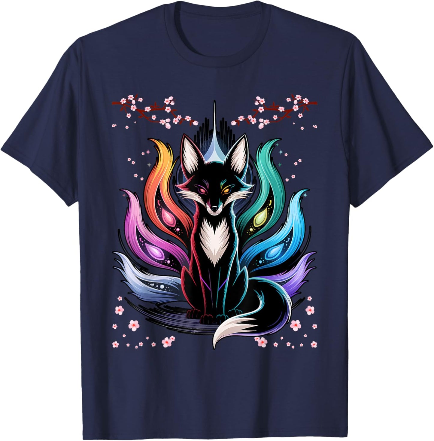 Japanese Fox Kitsune Seven Elements Cherry Flower Blossom T-Shirt - T-Shirt | Navy