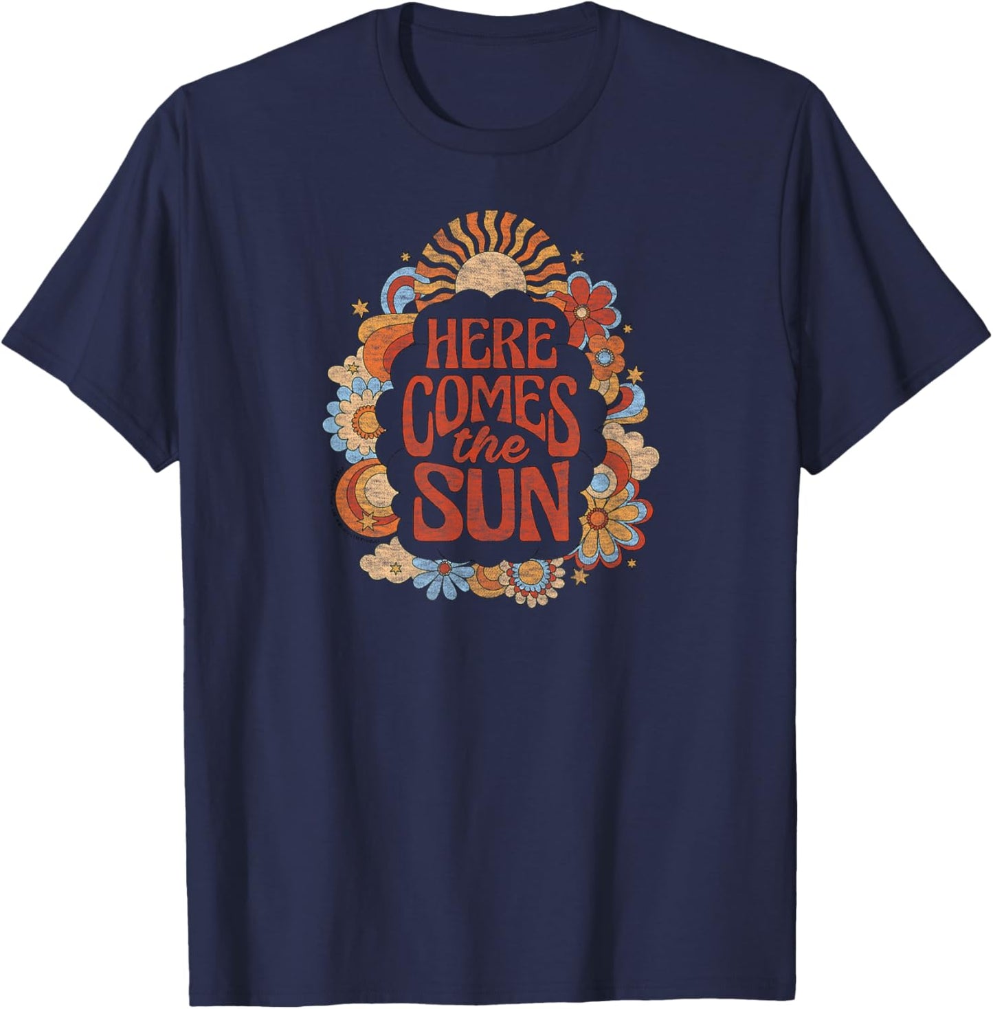 The Beatles - Here Comes The Sun Retro Vintage Flowers T-Shirt - T-Shirt | Navy
