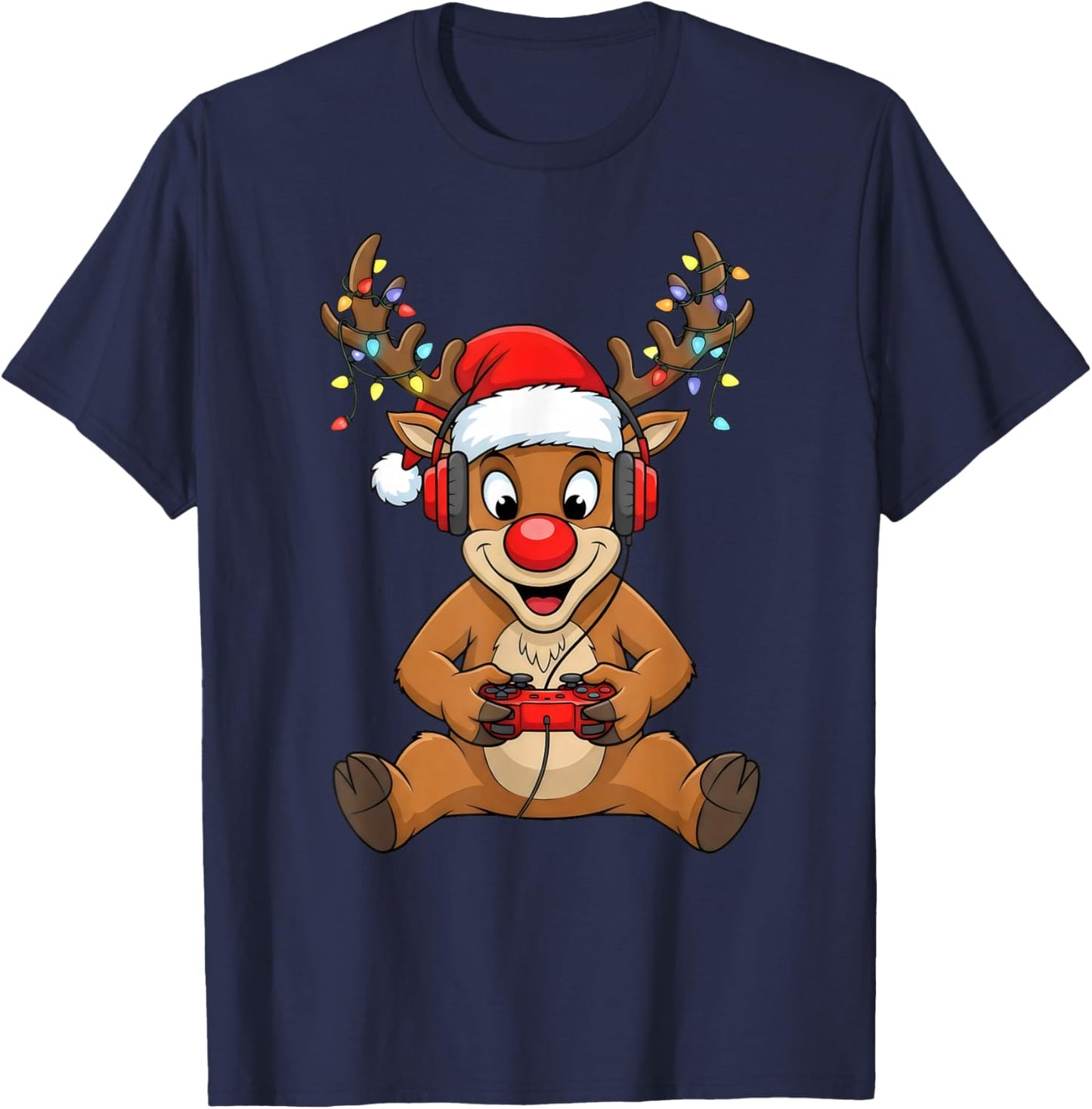 Christmas Gamer Reindeer Santa Hat Xmas Gaming Men Boys T-Shirt - T-Shirt | Navy