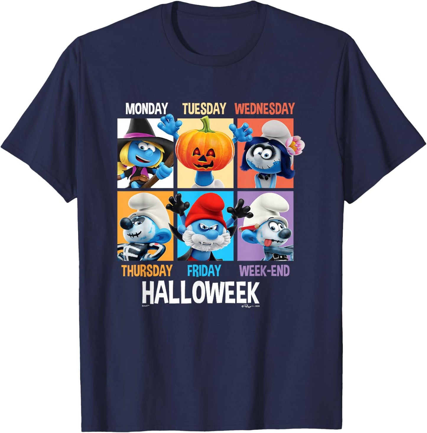 The Smurfs Halloween Hallowek Group Shot Big Chest Panels T-Shirt - T-Shirt | Navy