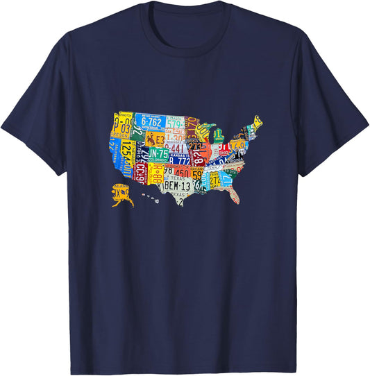 Kids License Plate American Flag US Map Art American Map T-Shirt - T-Shirt | Navy