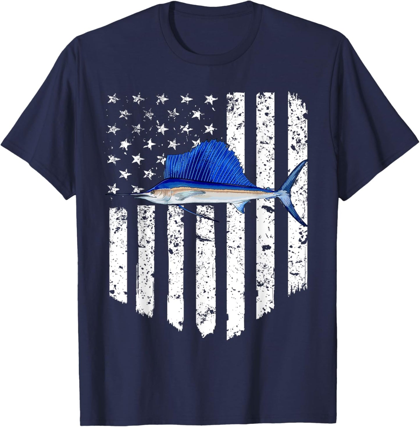 Black White American Flag Sailfish 4th Of July Fish Women Men T-Shirt - T-Shirt | Navy
