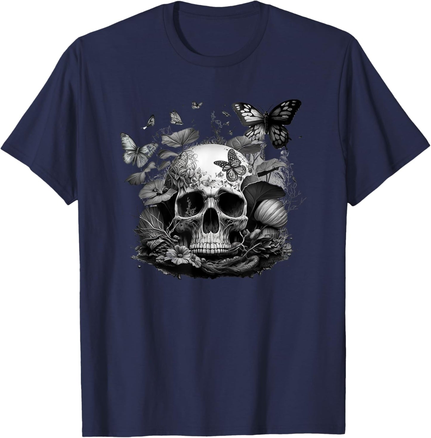Skull with Vibrant Butterfly flower and mushroom T-Shirt - T-Shirt | Navy