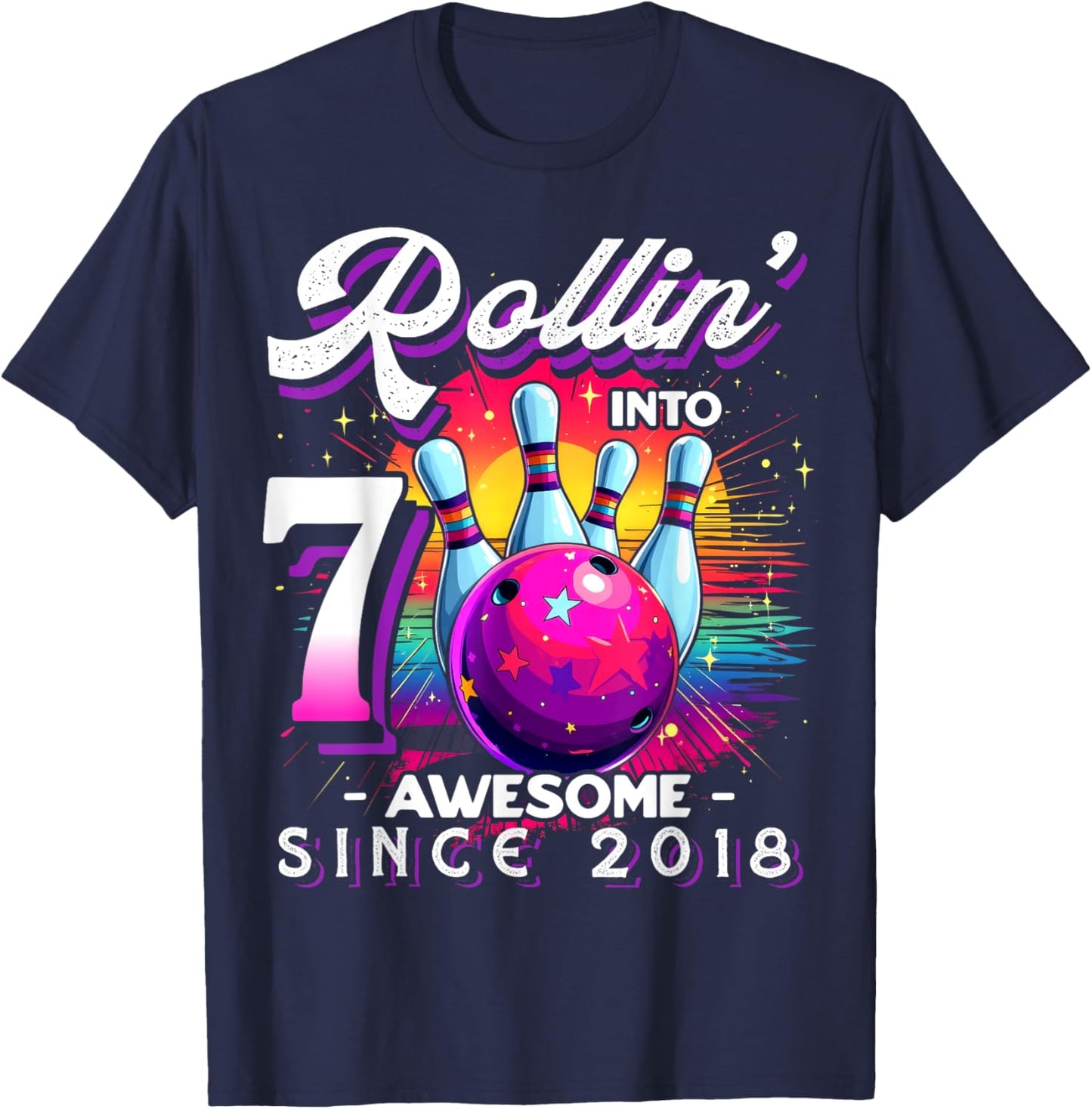 Bowling Party Rollin' 7 Awesome 2018 7th Birthday Girls T-Shirt - T-Shirt | Navy