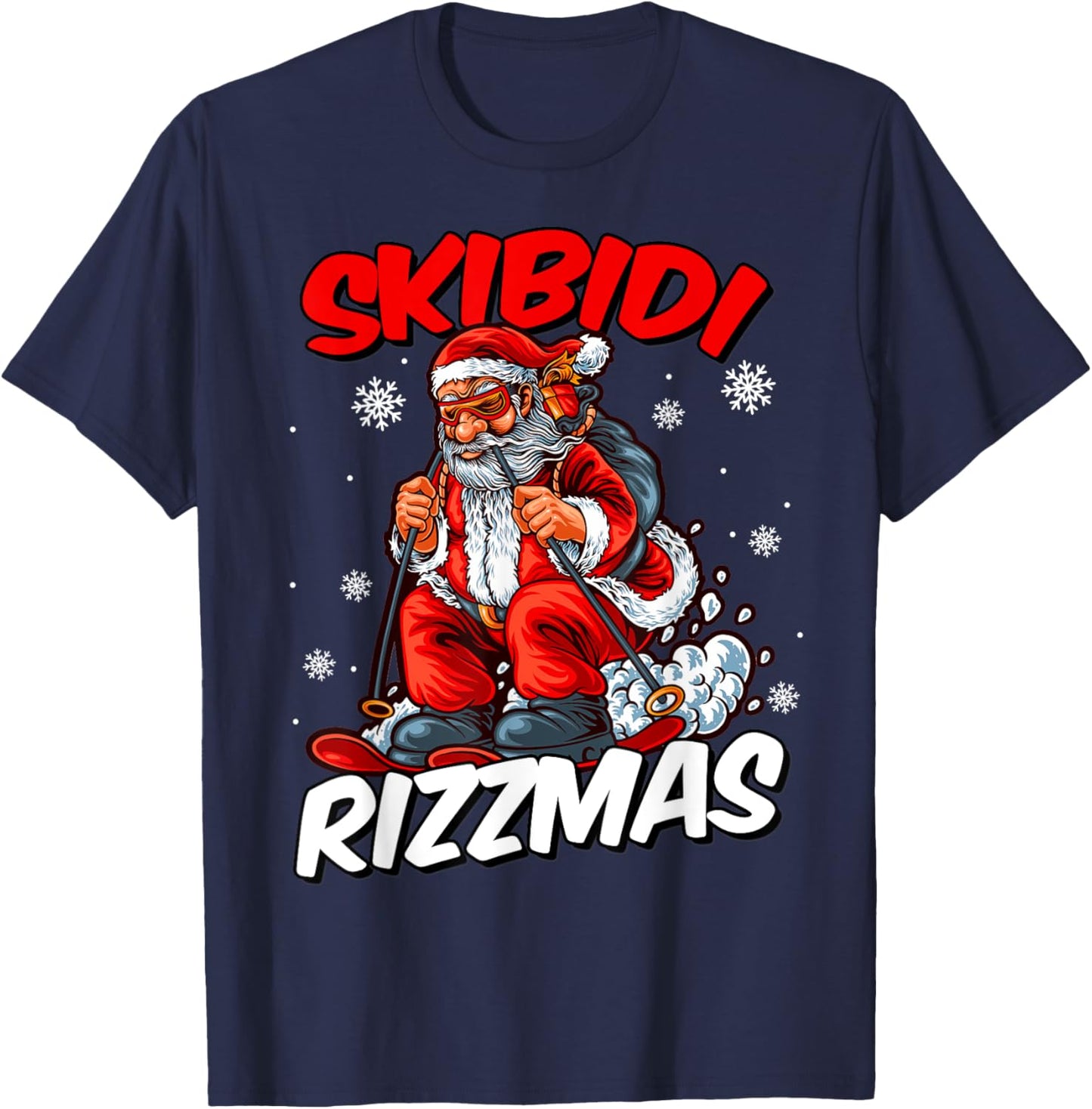 Retro Skibidi Rizzmas Funny Santa Clause Skiing_Xmas T-Shirt - T-Shirt | Navy