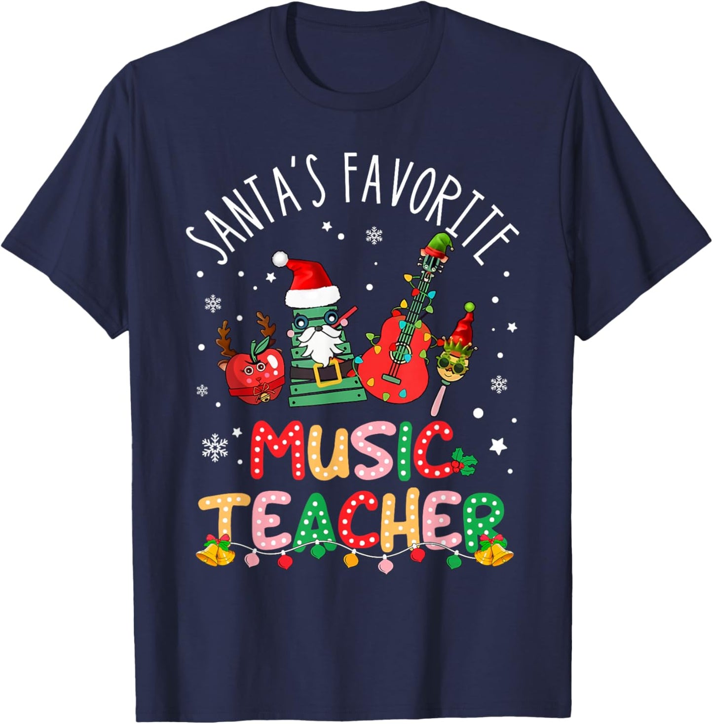 Santa's Favorite Music Teacher Christmas Santa Hat Matching T-Shirt - T-Shirt | Navy
