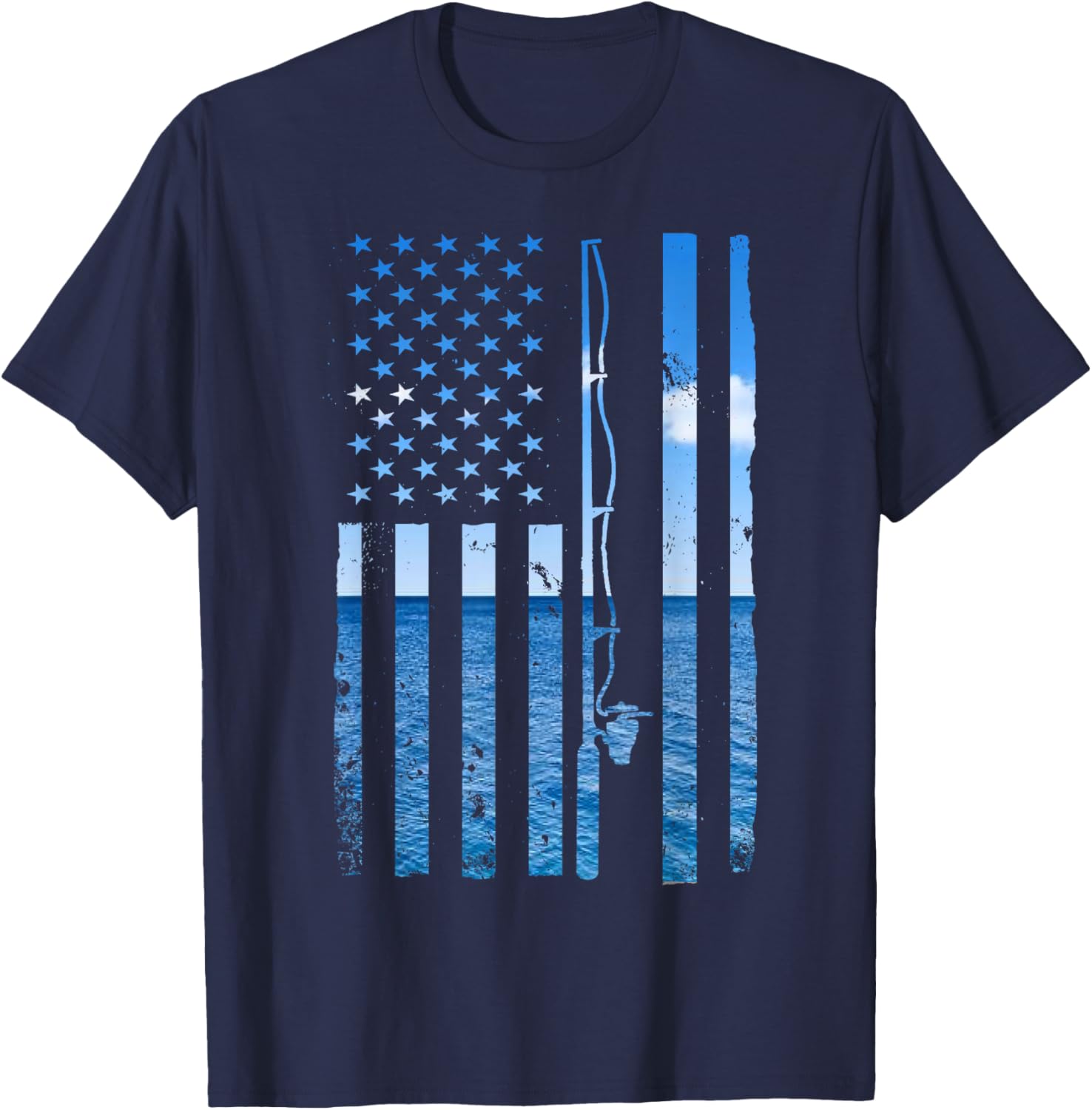 American Flag Fish Fisher Fisherman Funny Bass Fishing USA T-Shirt - T-Shirt | Navy