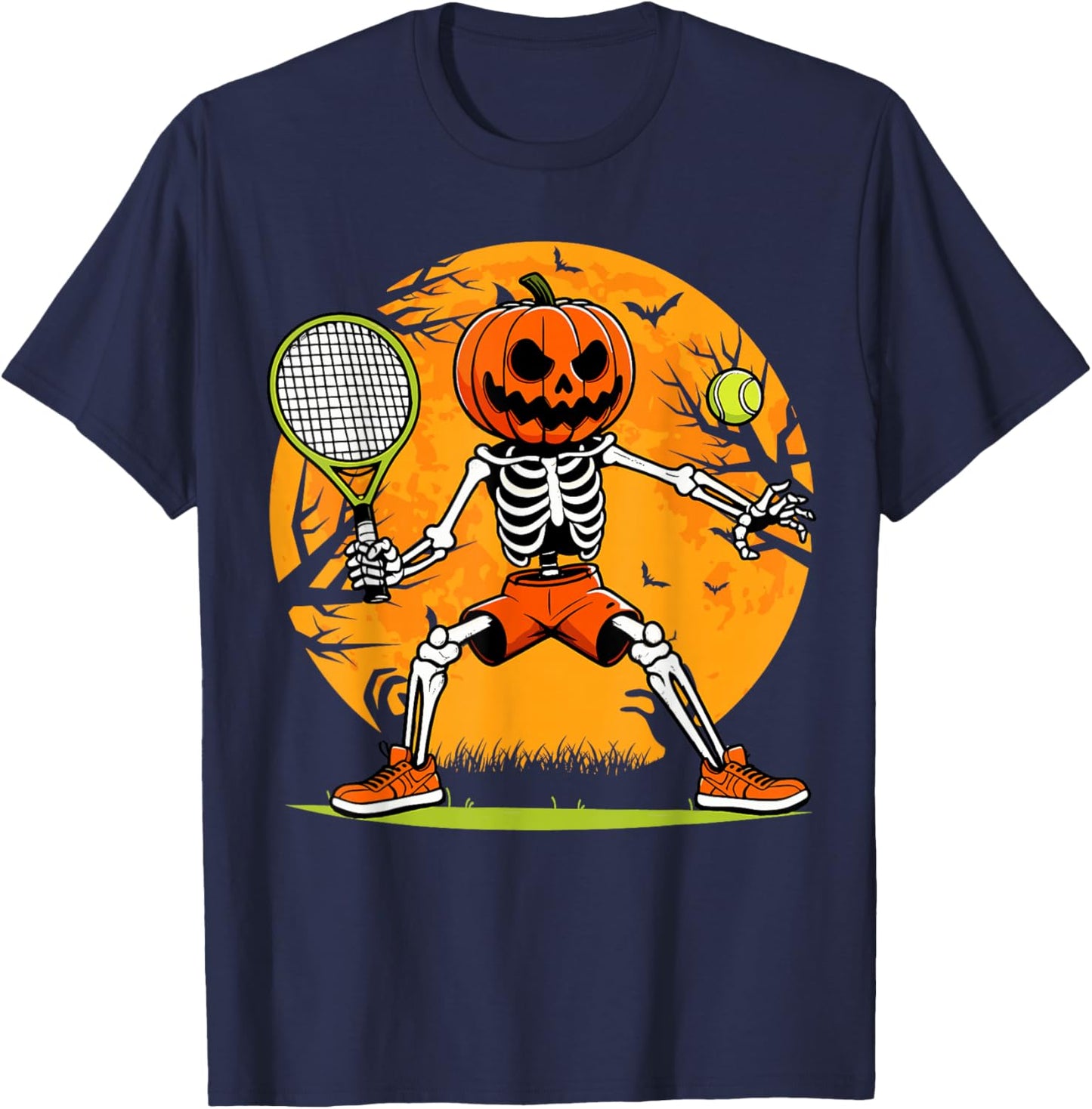 Halloween Tennis Pumpkin Head Skeleton Tennis Halloween T-Shirt - T-Shirt | Navy