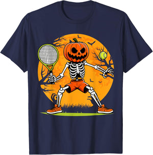 Halloween Tennis Pumpkin Head Skeleton Tennis Halloween T-Shirt - T-Shirt | Navy