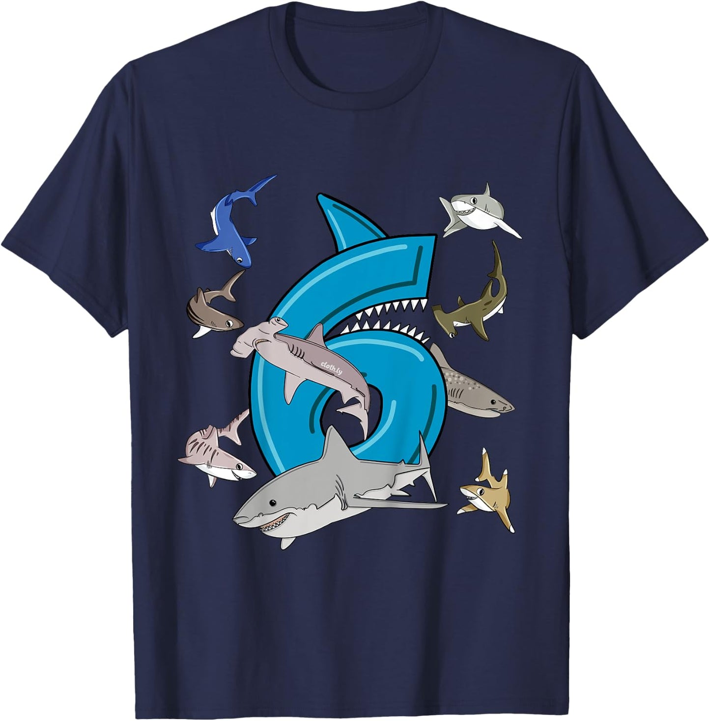 Kids 6th Birthday boys shark white shark T-Shirt - T-Shirt | Navy