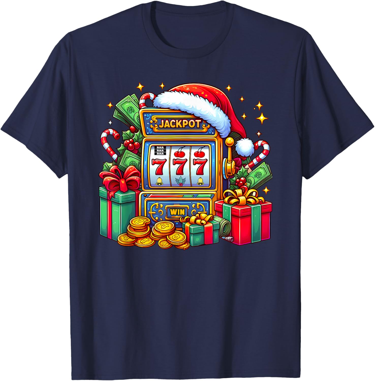Christmas Slot Machine Casino Lucky Winner Xmas Big Jackpot T-Shirt - T-Shirt | Navy