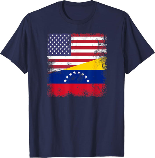 Half Venezuelan Flag | Vintage Venezuela USA Gift T-Shirt - T-Shirt | Navy