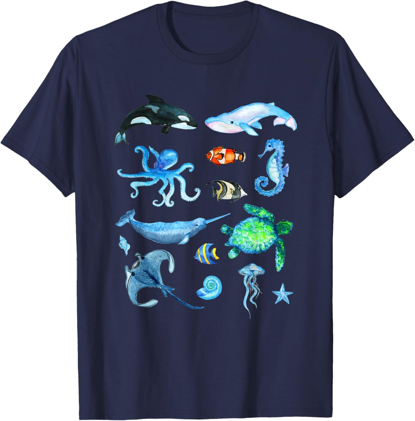Watercolor Sea Animals Kids Ocean Wildlife Marine Creatures T-Shirt - T-Shirt | Navy