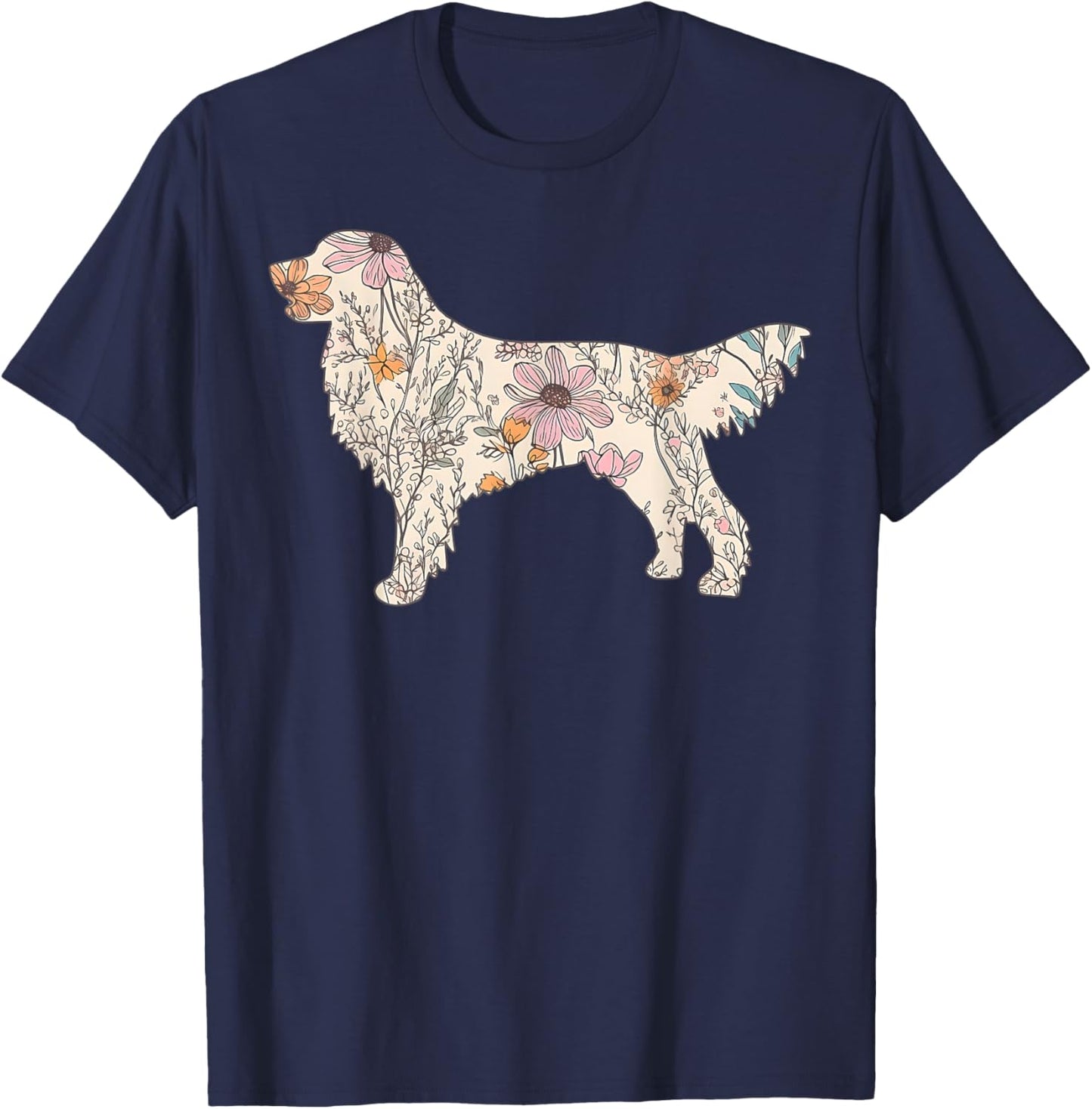 Floral Golden Retriever Wildflowers Dog Lover Golden Mom T-Shirt - T-Shirt | Navy