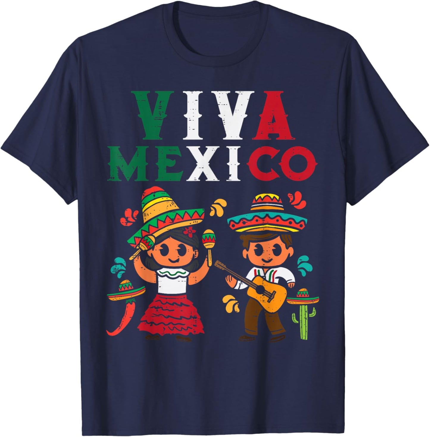 Viva Mexico Boy Girl Maracas Guitar Mexican Independence Kid T-Shirt - T-Shirt | Navy