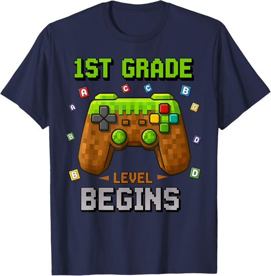 First Day of 1st Grade Level Begins Back to School Funny Boy T-Shirt - T-Shirt | Navy