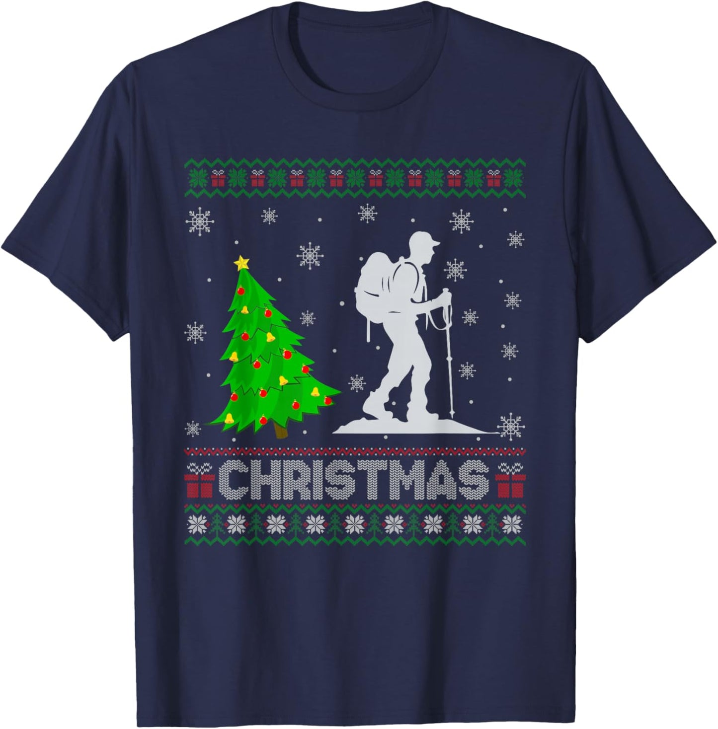 Hiking Xmas Tree Lighting Ugly Christmas Sweater T-Shirt - T-Shirt | Navy
