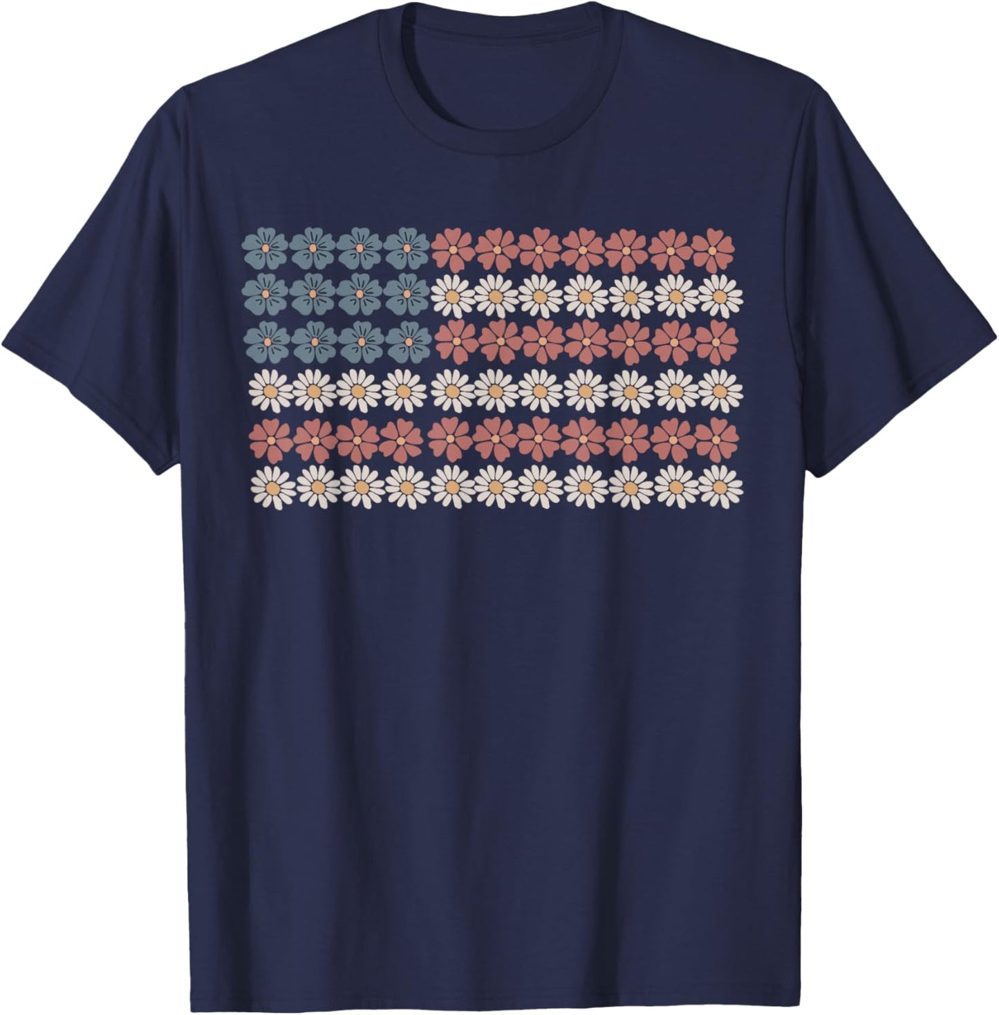 Retro Daisy Flower American Flag Women 4th of July Patriotic T-Shirt - T-Shirt | Navy