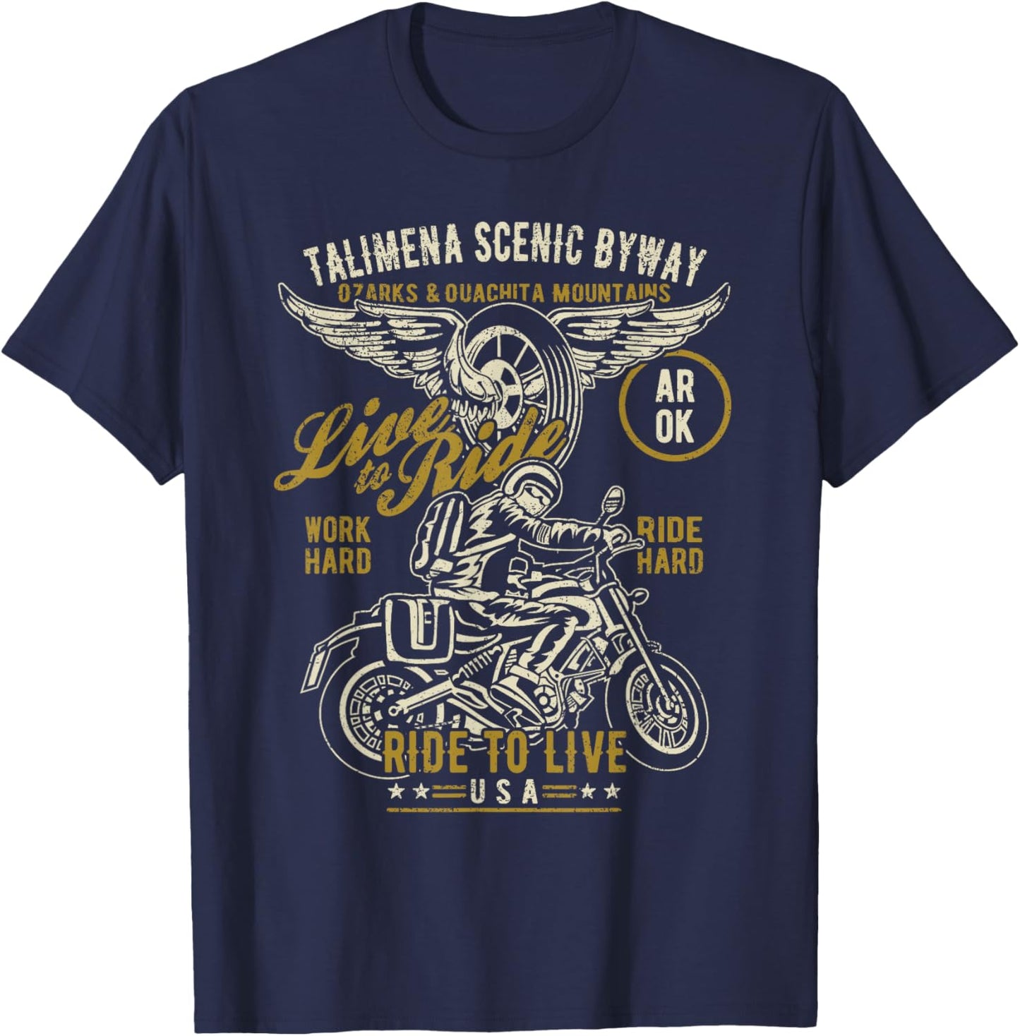 Talimena Scenic Byway AR OK USA Motorcycle Distressed Design T-Shirt - T-Shirt | Navy