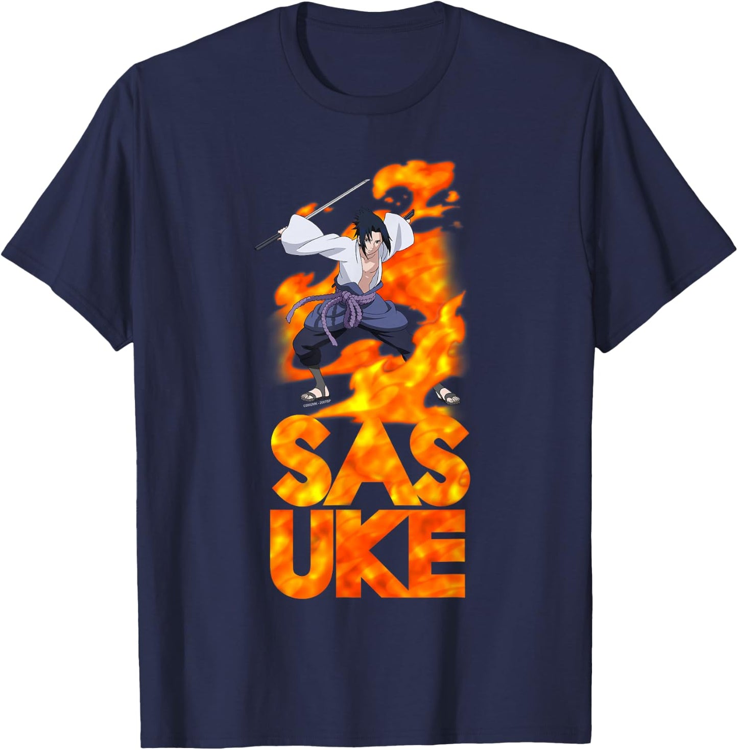 Naruto Shippuden Sasuke Stacked Flame Type Anime T-Shirt - T-Shirt | Navy