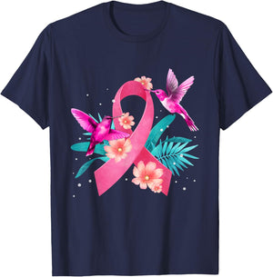Hummingbird Breast Cancer Awareness Pink Ribbon Flowers T-Shirt - T-Shirt | Navy