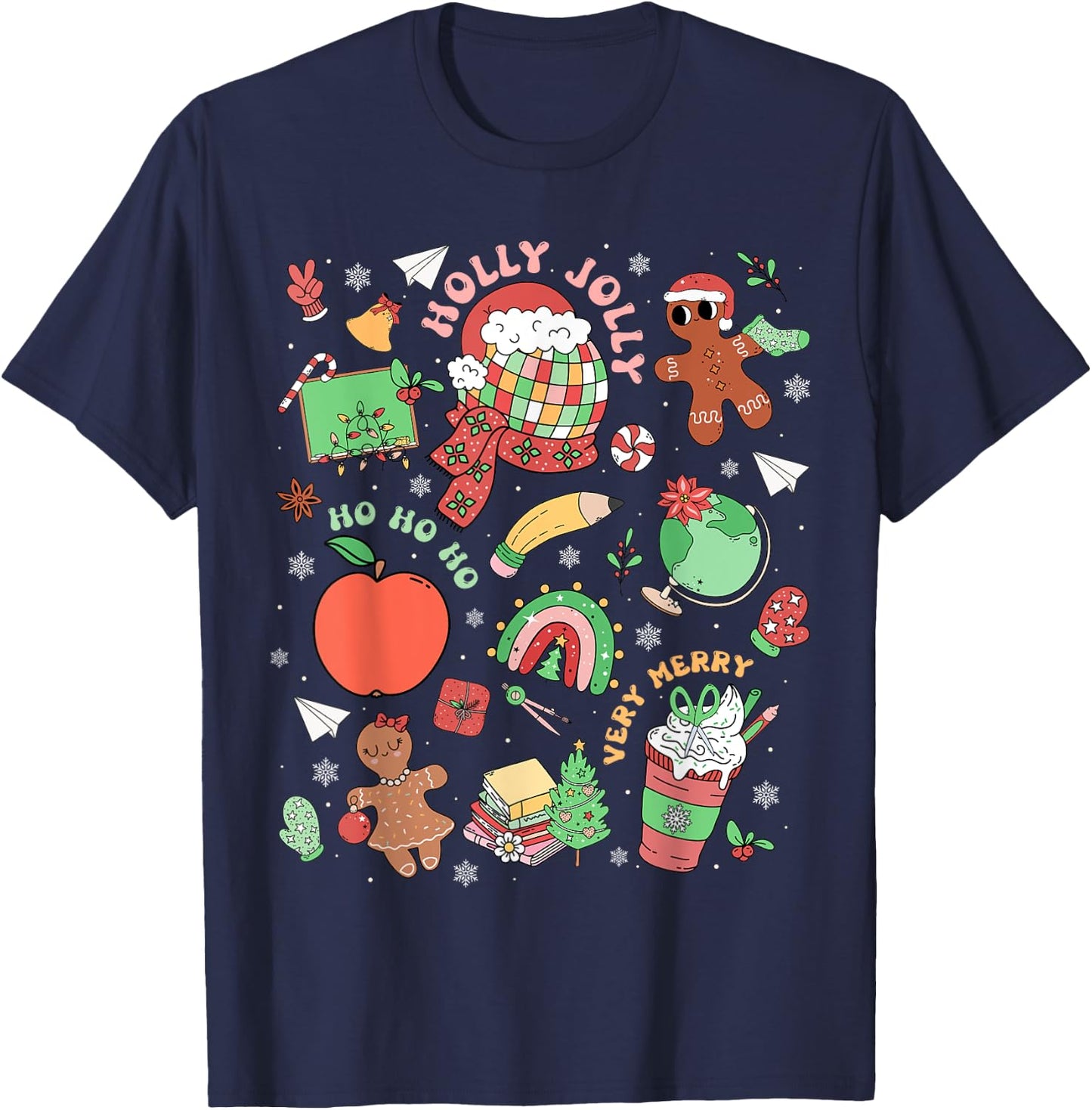 Retro Very Merry Teacher Gingerbread Rainbow Xmas Holiday T-Shirt - T-Shirt | Navy