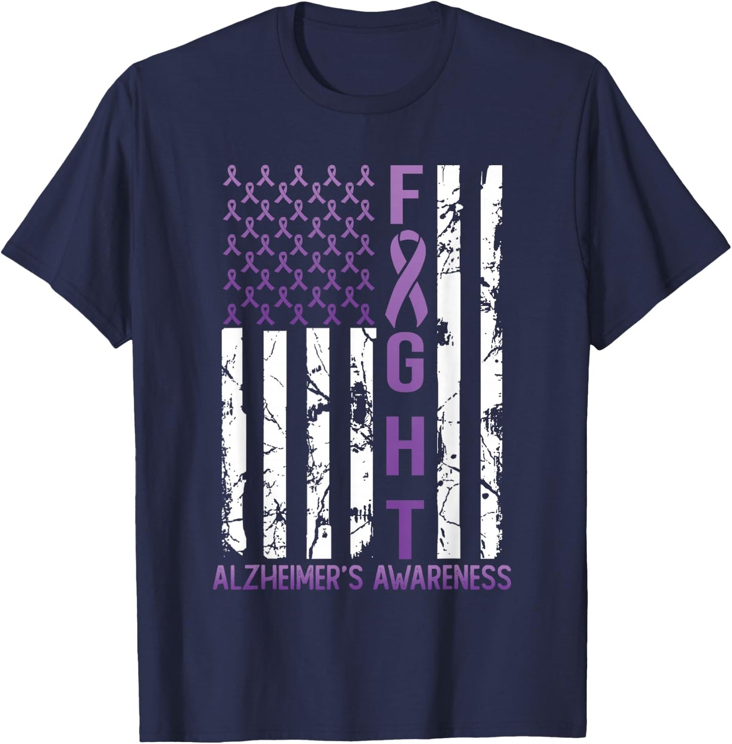 Alzheimer's Awareness Month Day USA Flag Ribbon Purple T-Shirt - T-Shirt | Navy