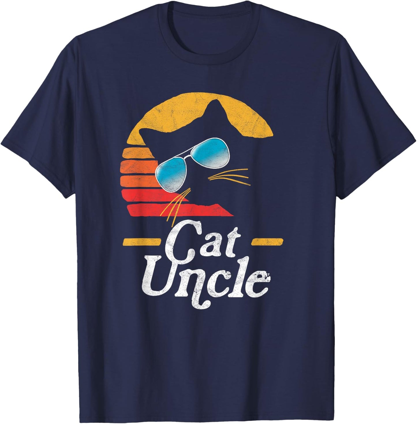 Cat Uncle Vintage 80s Style Cat Retro Sunglasses Distressed T-Shirt - T-Shirt | Navy