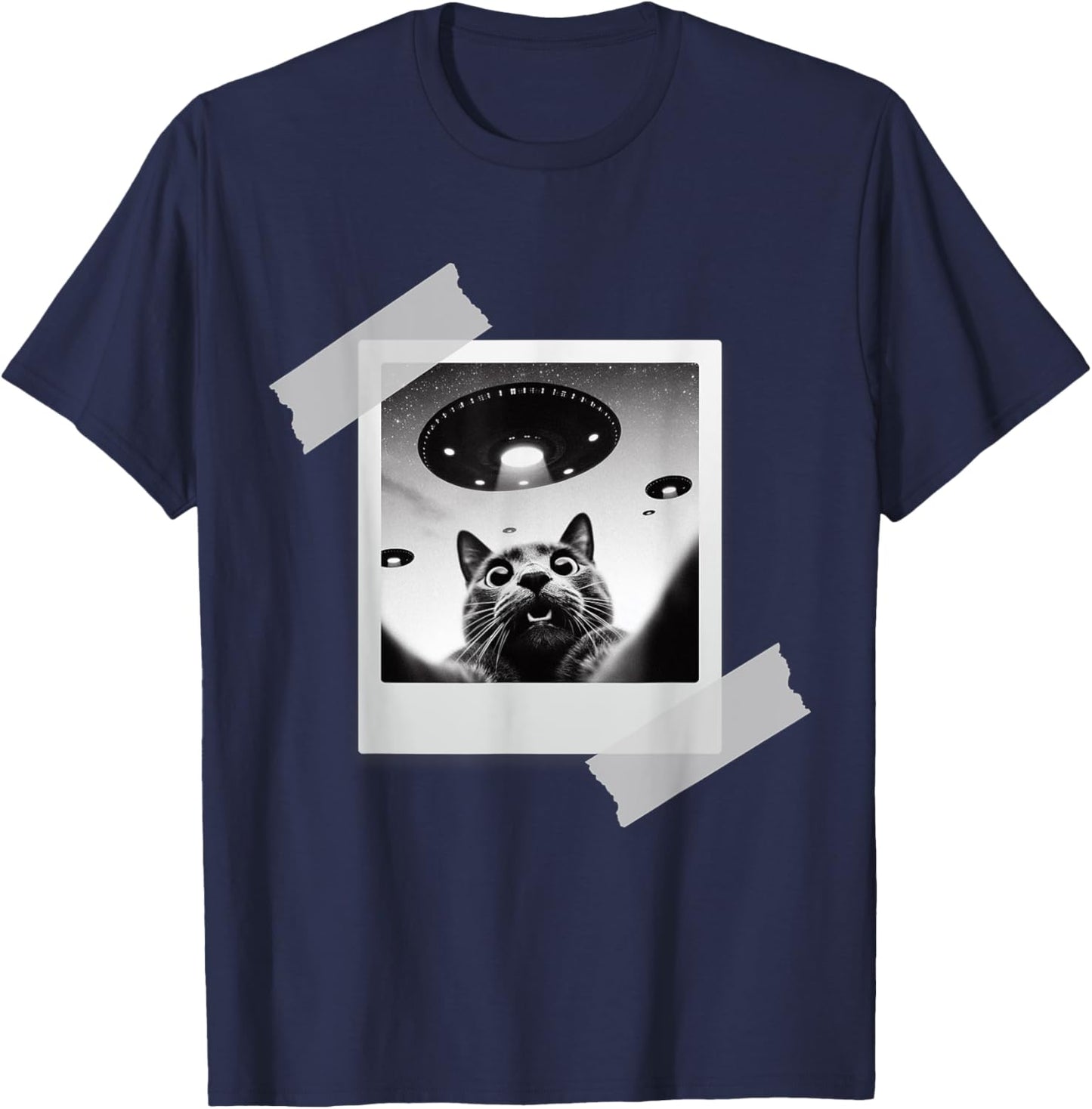 Cat Selfie With Alien UFO Funny Cat Gifts Women Kids T-Shirt - T-Shirt | Navy