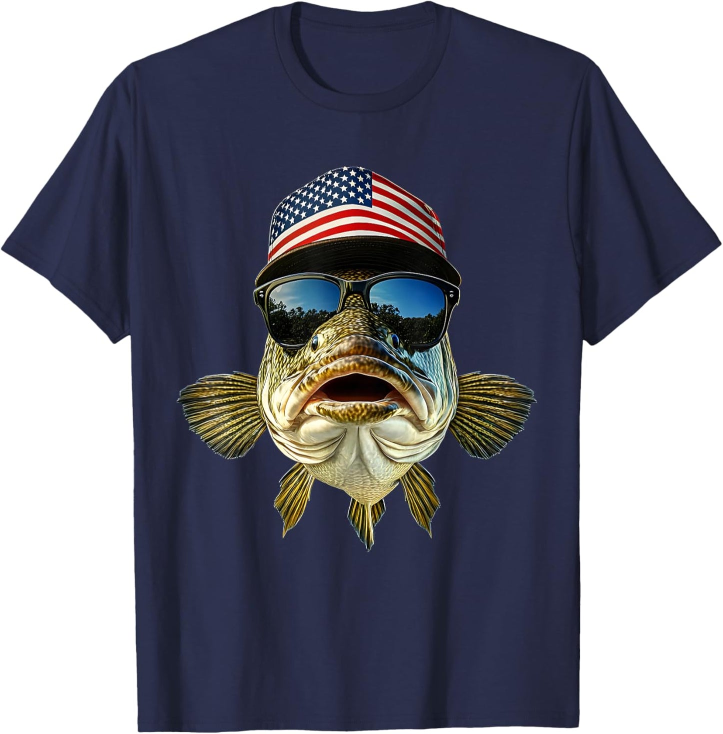 Bass Fishing Outfit USA Flag America Cap and Sunglasses T-Shirt - T-Shirt | Navy