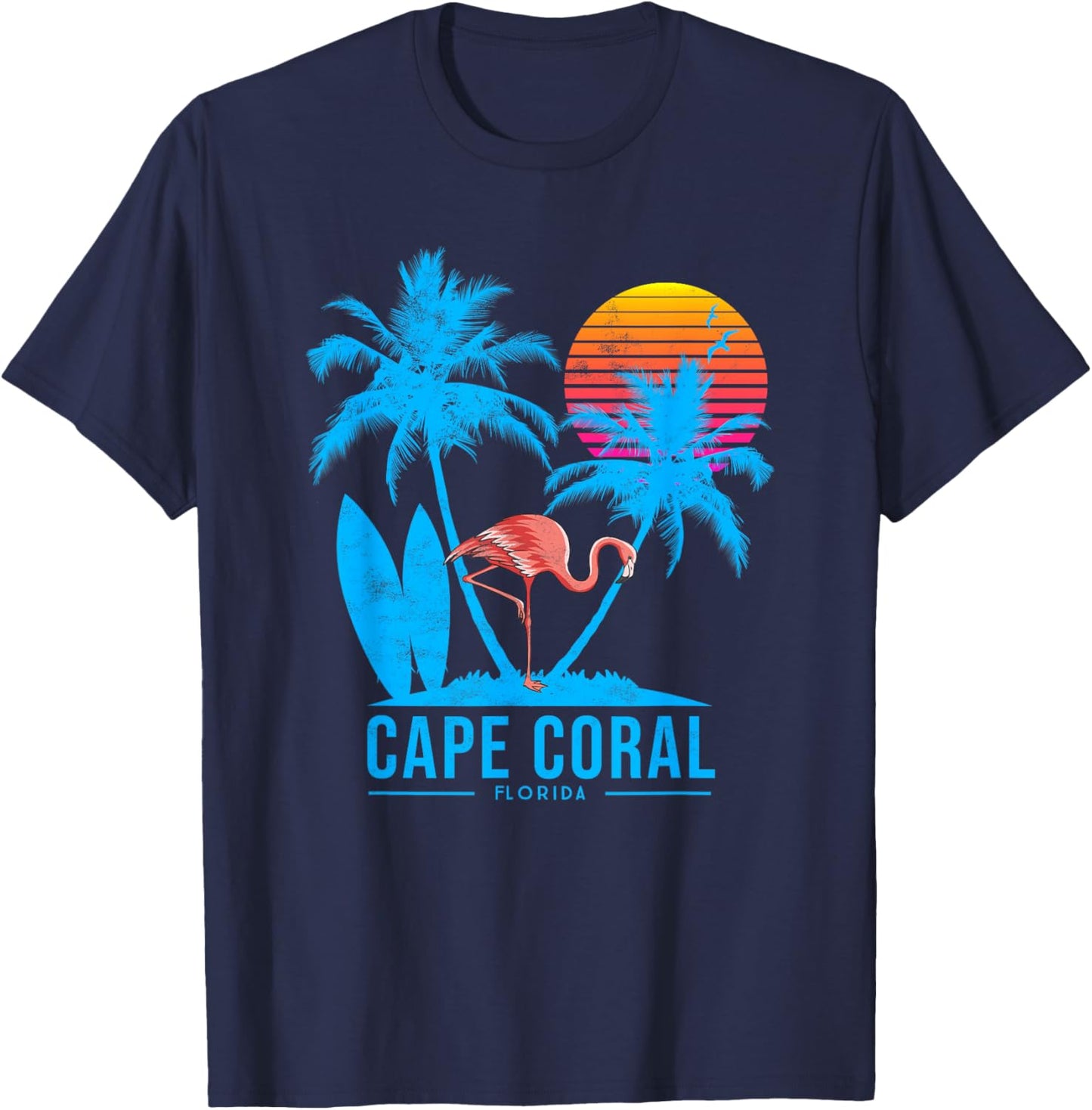 Cape Coral Florida. Flamingo and palm trees tropical sunset T-Shirt - T-Shirt | Navy