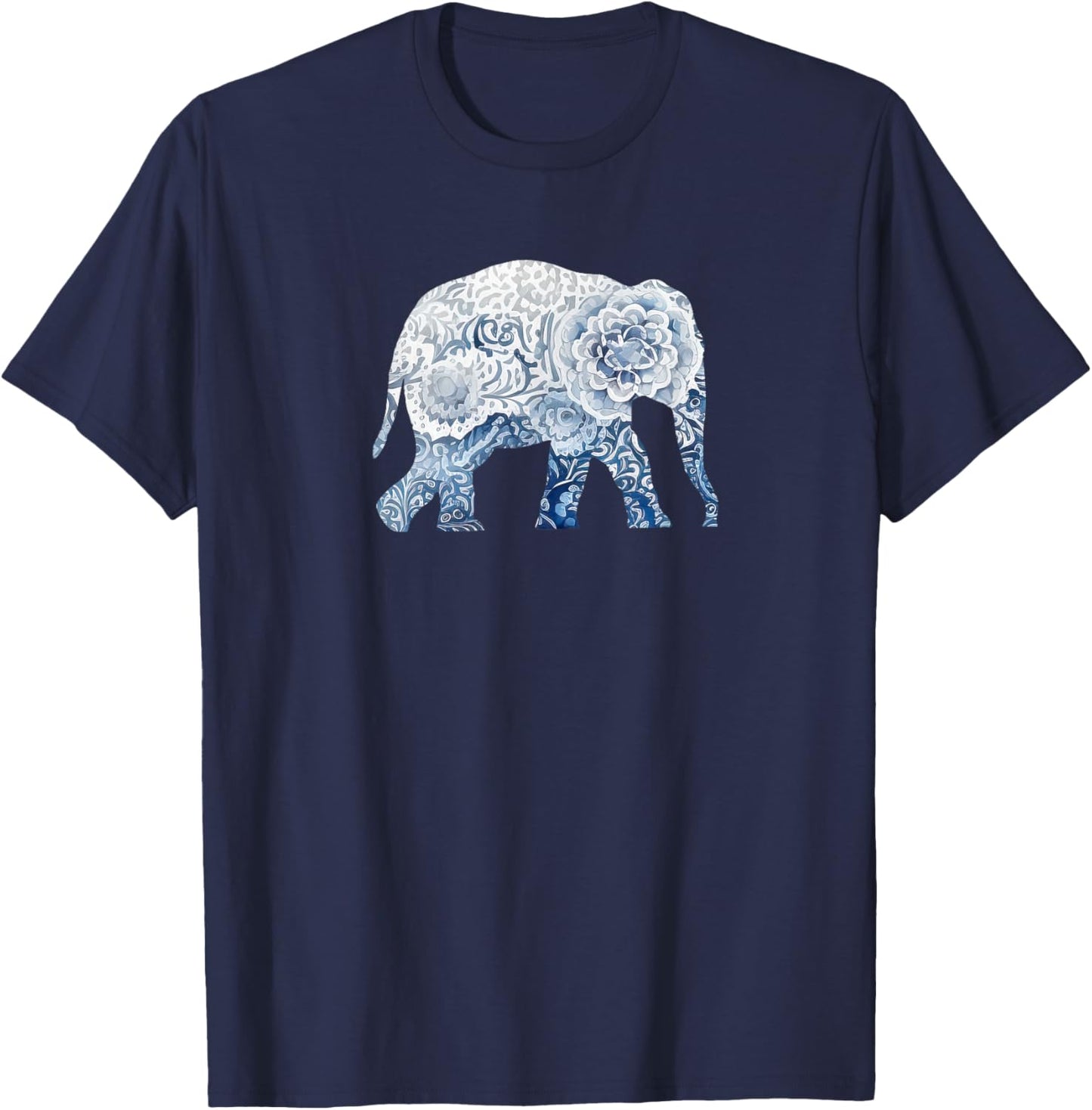 Elephant in the Style of Delft Blue, Blue and White Elephant T-Shirt - T-Shirt | Navy