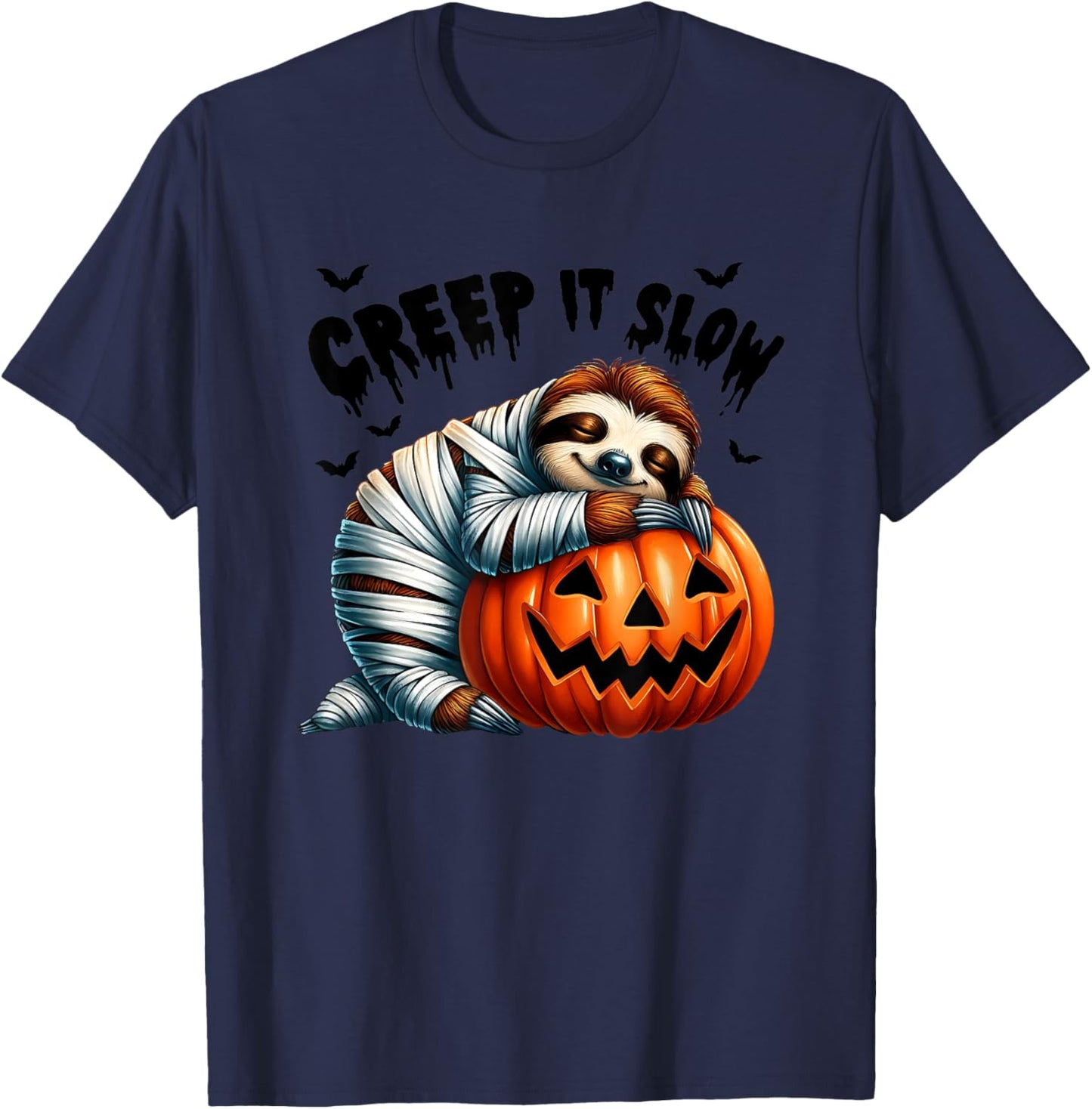 Creep It Slow Cute Sloth Mummy Jack O Lantern Halloween T-Shirt - T-Shirt | Navy