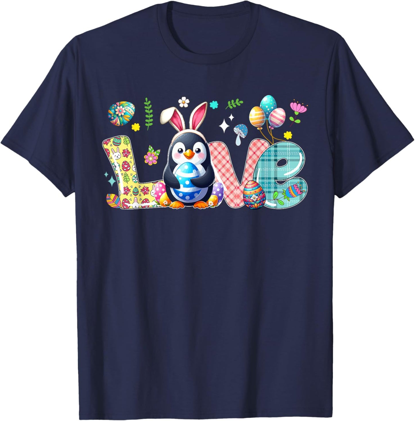 Love Easter Bunny Penguin Hunting Eggs Flowers Colourful T-Shirt - T-Shirt | Navy