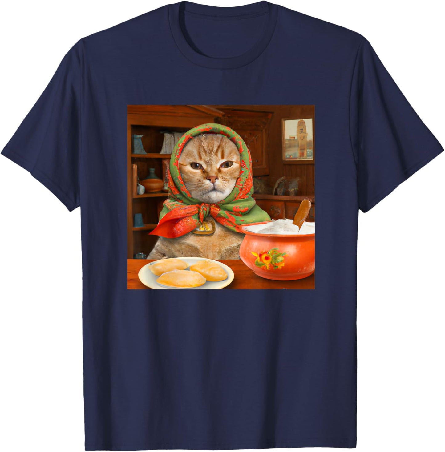 Babushka Tabby Cat Polish Cat Design T-Shirt - T-Shirt | Navy