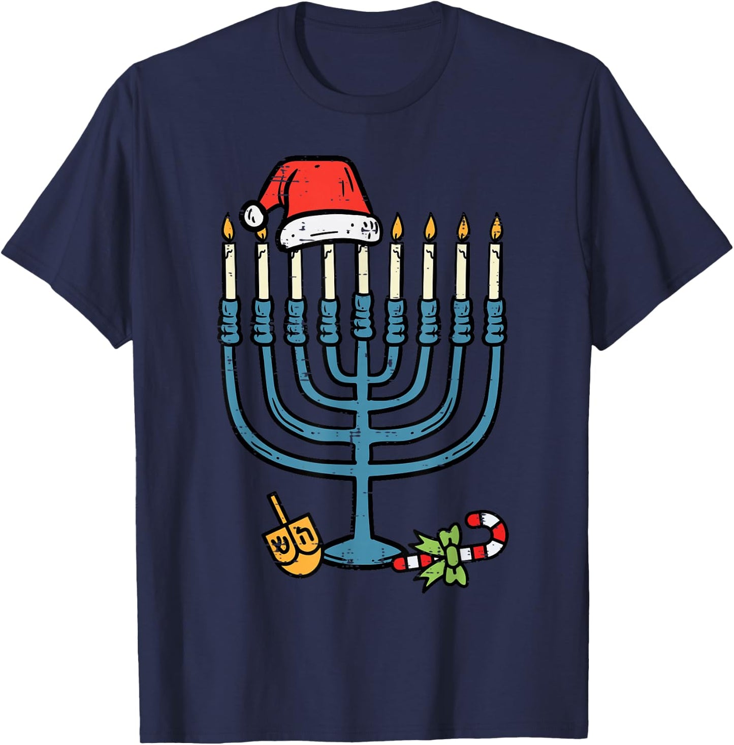 Christmas Hat Menorah Jew Hanukkah Chanukah Men Women Kids T-Shirt - T-Shirt | Navy