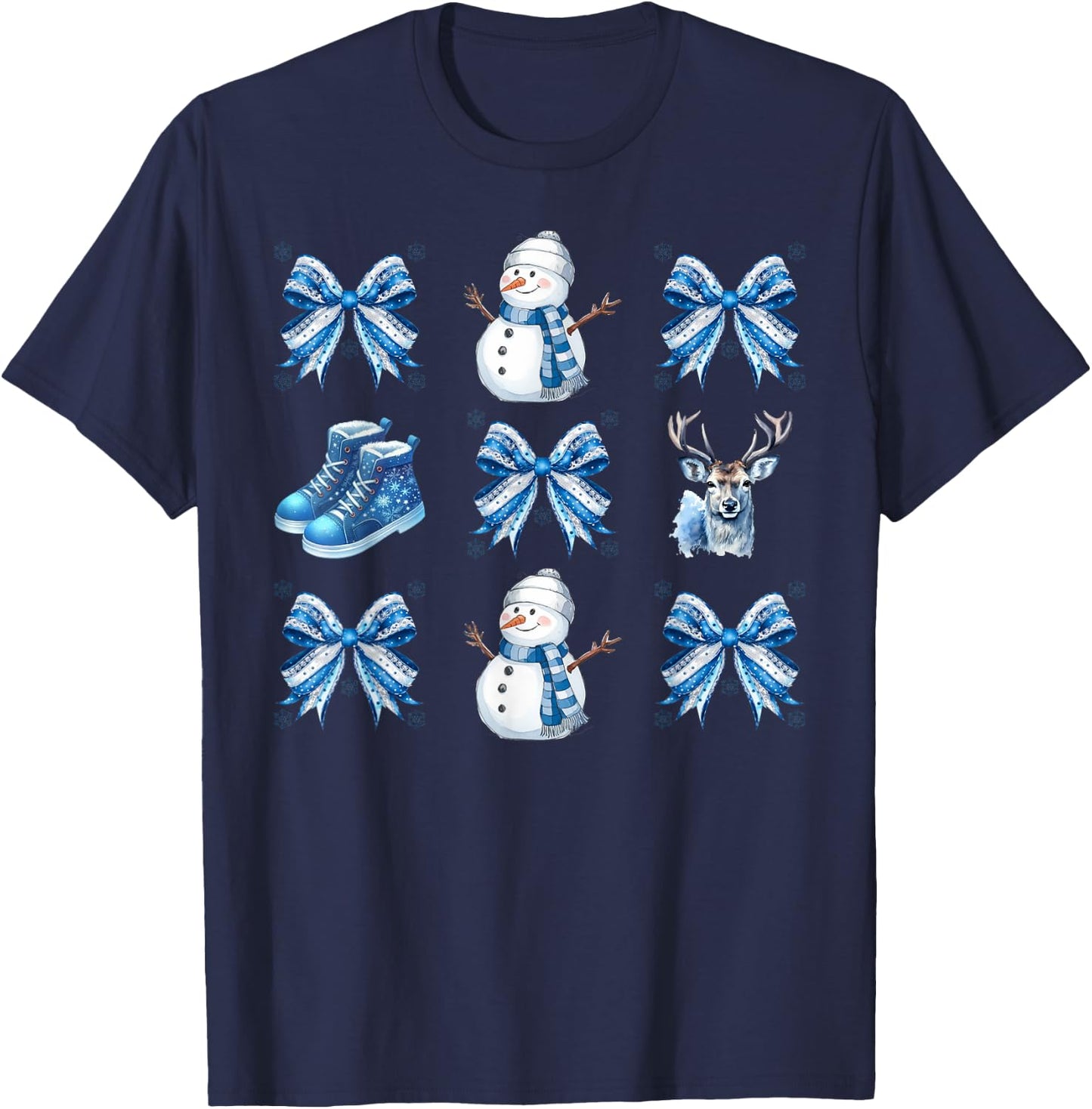Cute Snowman Coquette Bow Winter Wonderland Icy Blue Xmas T-Shirt - T-Shirt | Navy