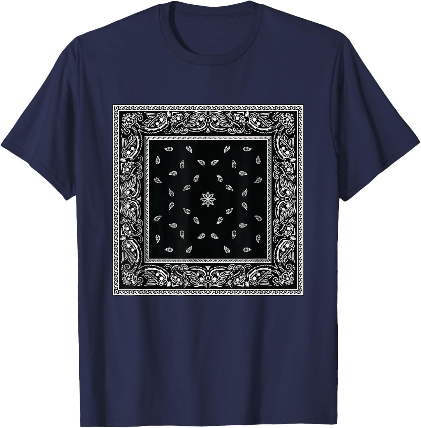 Men's Black White Bandana Print Black Paisley Pattern T-Shirt - T-Shirt | Navy