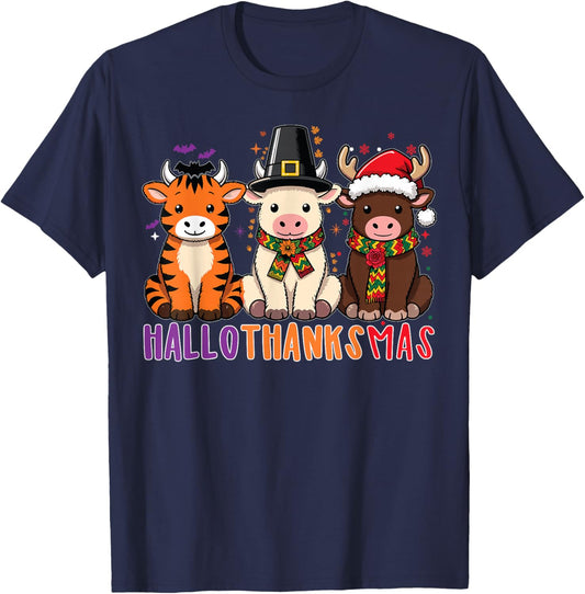 Highland Cow Hallothanksmas Christmas Holiday T-Shirt - T-Shirt | Navy