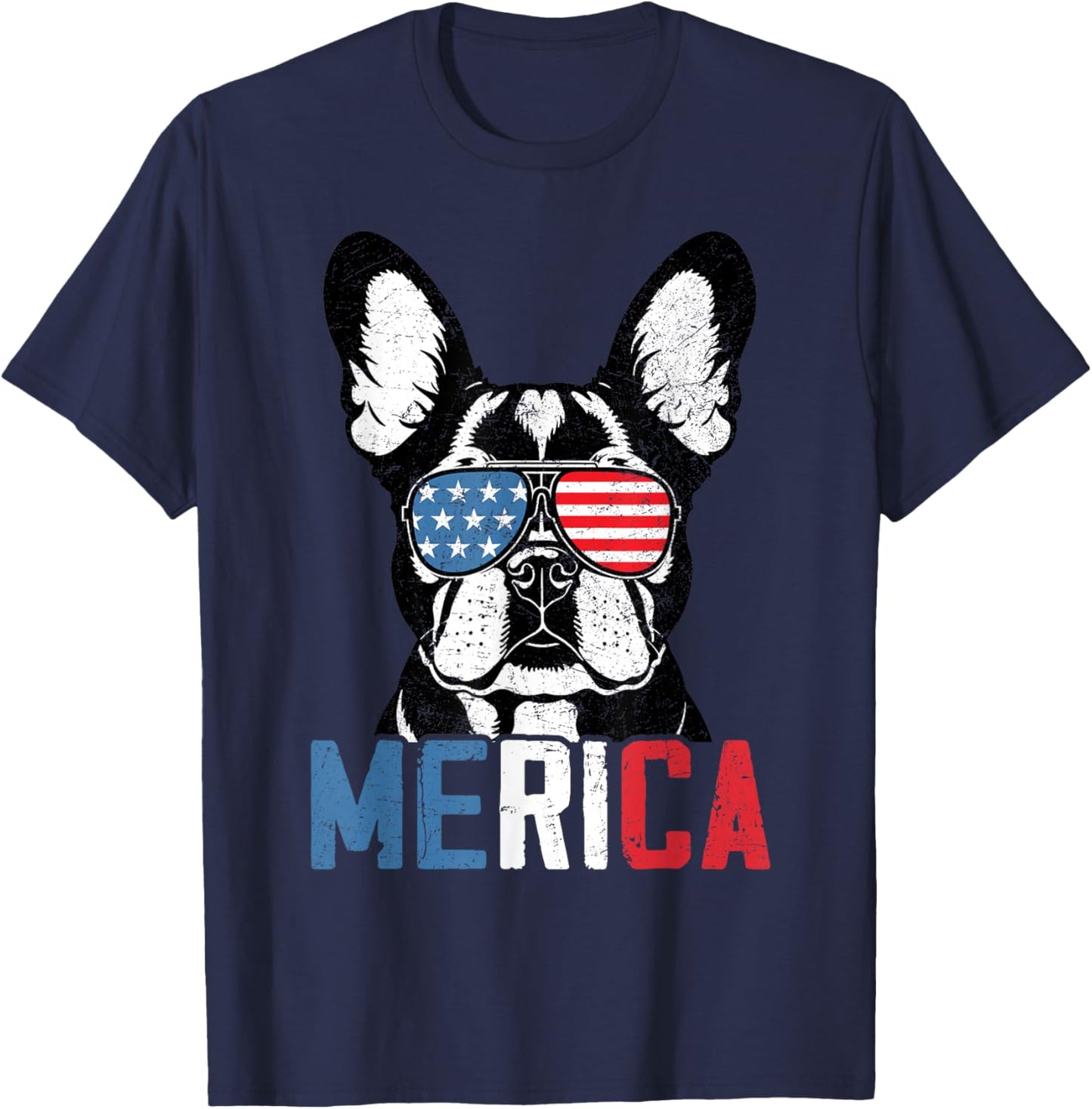 Patriotic French Bulldog Dog Merica 4th Of July Funny T-Shirt - T-Shirt | Navy